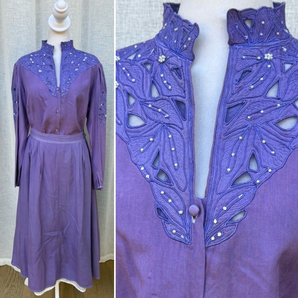 Vintage Belle Femme floral faux pearls purple (dyed) silk blouse skirt set